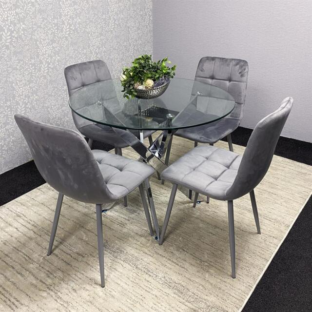 Dining Table and 4 Chairs Round Glass Table 4 Grey Velvet Chairs Dining Set
