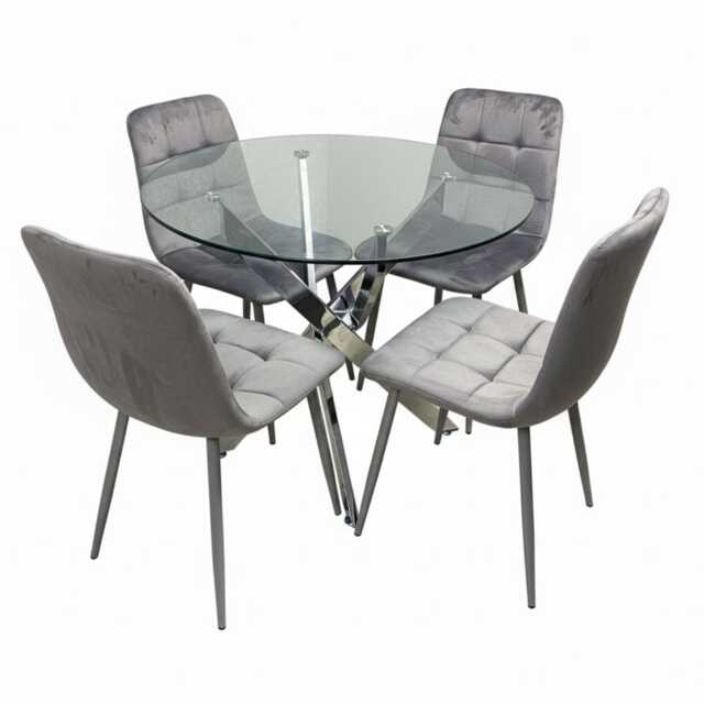 Dining Table and 4 Chairs Round Glass Table 4 Grey Velvet Chairs Dining Set