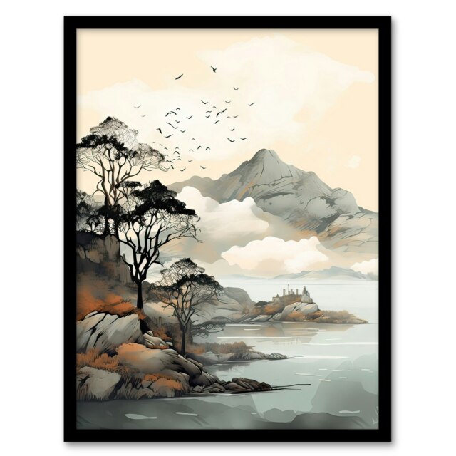 Autumn Coastal Landscape Scottish Highlands Black Framed Wall Art Print A4