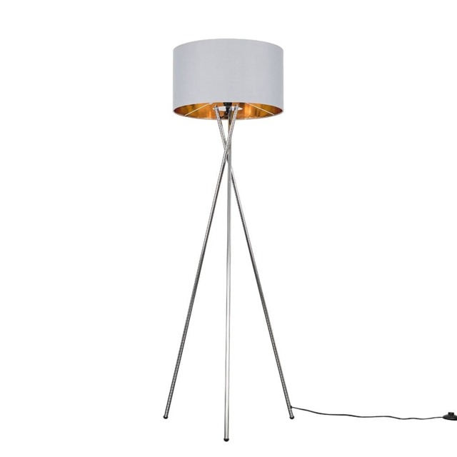 ValueLights Camden Chrome Tripod Floor Lamp Grey Gold Shade and Bulb