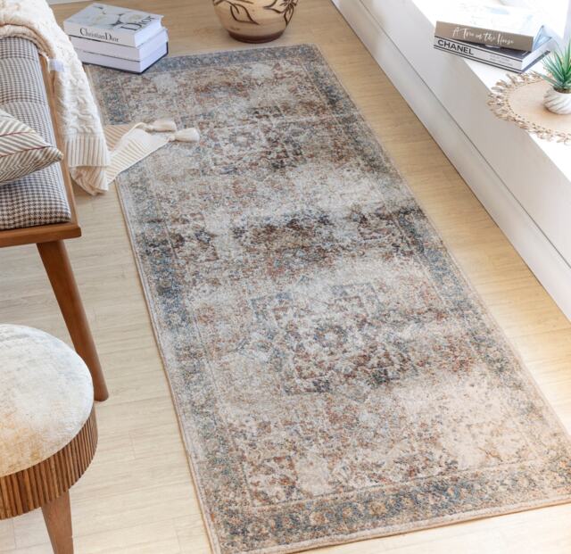 LIVABLISS Lillian-Washable Traditional Vintage Boho Rug 80 x 220 cm Brown Blue