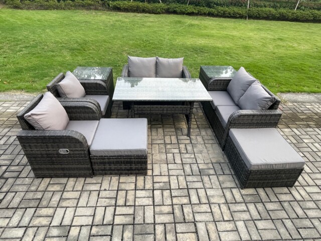 Fimous Outdoor Rattan Garden Furniture 9 piece Grey Patio Furniture Set 8 Seater Lounge Sofa Set with Rectangular Table Reclining Chairs 2 Big Stools 2 Side Tables