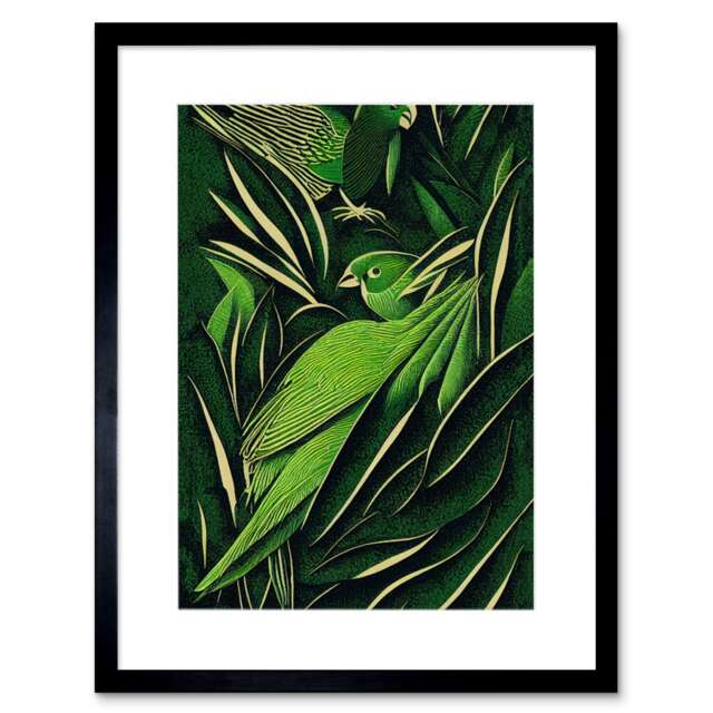 "Green Modern Vintage Abstract Jungle Tropical Leaves Parrots 9x7"" Black Framed Wall Art Print"