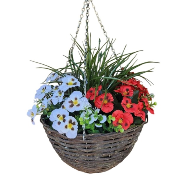 Best Artificial 14 Inch Red & White Faux Pansy Flower with Rattan Wicker Hanging Basket for Indoor or Outdoor Use Red Red and White 1