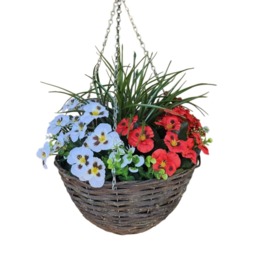 Best Artificial 14 Inch Red & White Faux Pansy Flower with Rattan Wicker Hanging Basket for Indoor or Outdoor Use Red Red and White 1