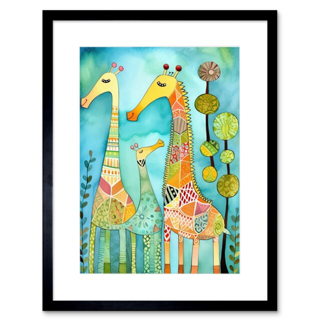 "Folk Art Giraffes Fun Cute Kids Bedroom Painting 9x7"" Black Framed Wall Art Print"