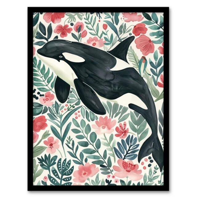 Orca Killer Whale Flower Sea Watercolour Floral Black Framed Wall Art Print A4