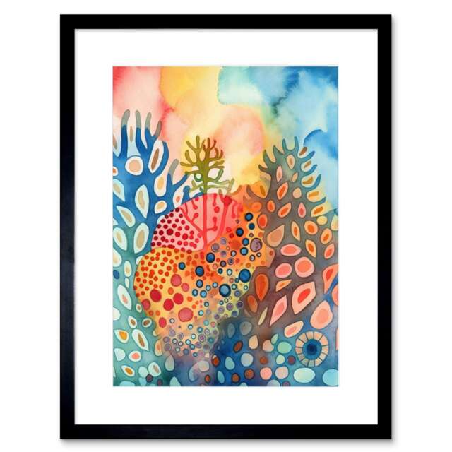 "Coral Reef Folk Art Watercolour Painting 9x7"" Black Framed Wall Art Print"