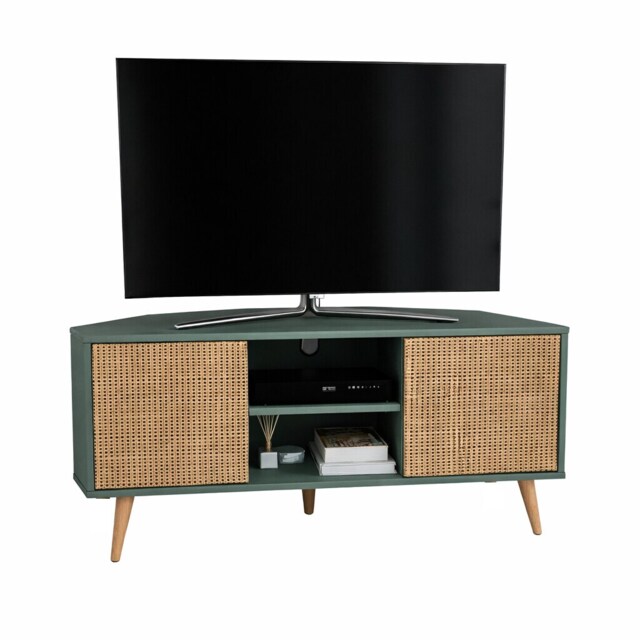 Decorotika Lesson 120 cm Corner TV Unit for TVs up to 51 inches with Cabinets and Open Shelves Green Silva Green and Rattan Pattern One Size 1