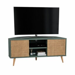 Decorotika Lesson 120 cm Corner TV Unit for TVs up to 51 inches with Cabinets and Open Shelves Green Silva Green and Rattan Pattern One Size 1
