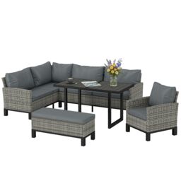 Outsunny Rattan Garden Furniture Sofa Set, Outdoor Dining Set for 9, Grey Grey Dark Grey 171 x 67 x 77 cm
