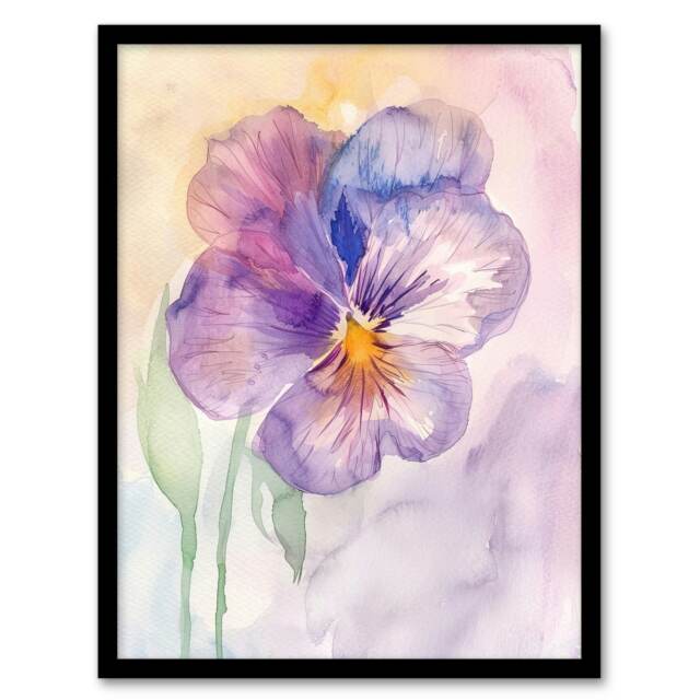 Single Pansy Modern Watercolour Purple Home Decor Black Framed Wall Art Print A4