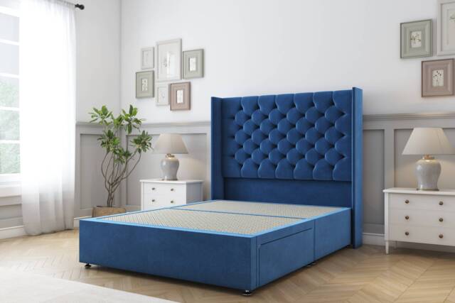 Sloomy Dior Navy Plush Divan Bed Base No Drawers With 54 Inch Wingback Headboard Blue Navy King 1