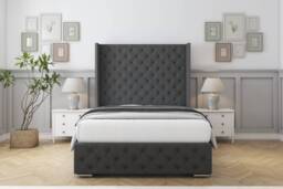 "Sloomy Arundel Graphite Dumfries Bed Frame With Mattress With 50"" Upholstered Wingback Headboard 4'6 Double"