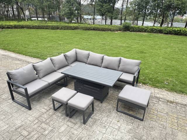 Fimous L-shaped Garden Furniture Set 10-Seater Aluminium Outdoor Dining Set with Adjustable Rising Lifting Dining Table 3 Footstools Dark Grey