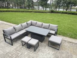 Fimous L-shaped Garden Furniture Set 10-Seater Aluminium Outdoor Dining Set with Adjustable Rising Lifting Dining Table 3 Footstools Dark Grey