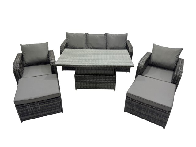 Fimous Rattan Garden Furniture Dining Set 6-seater Patio Height Adjustable Rising Lifting Table Sofa Set with 2 Big Footstools Dark Grey Mixed