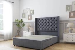 Sloomy Dior Steel Plush Divan Bed Base 2 Drawers Foot-End With 54 Inch Wingback Headboard Grey Steel Double 1