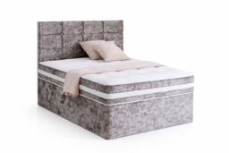 6ft Superking Brown Crushed Velvet Divan Bed Set Orthopaedic Mattress with Cube Headboard No Drawers