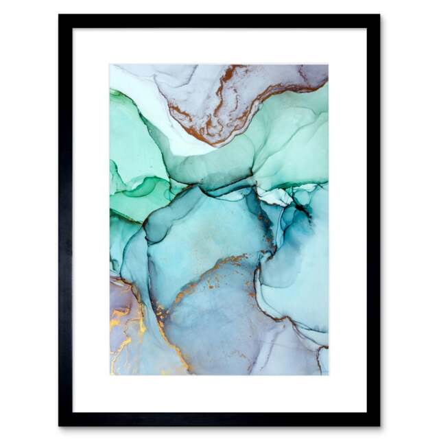 "Abstract Blue Green Purple Fluid Paint Painting 9x7"" Black Framed Wall Art Print"