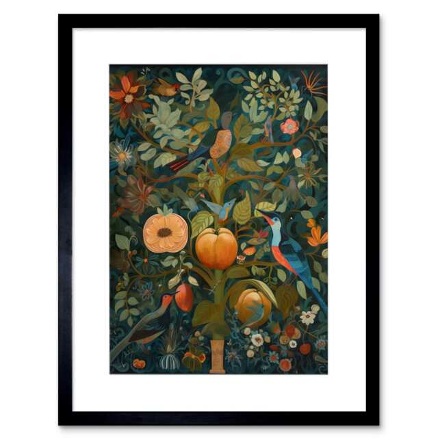 "Birds Blooming Peach Tree Modern Folk Art 9x7"" Black Framed Wall Art Print"