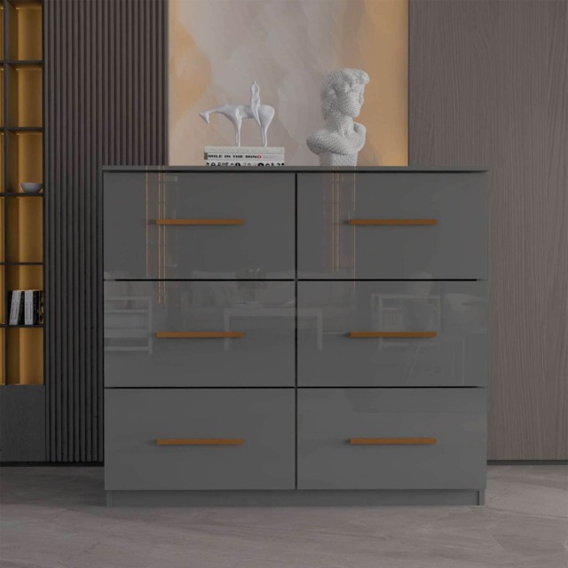High Gloss Chest Drawer Modern Bedroom Furniture Storage Cabinet with Handles-Grey 3+3 drawers