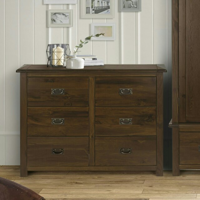 Boston 3+3 Drawer Wide Chest - Rich Dark Brown Lacquer Solid Wood Bedroom Storage with Brass Handles Brown Brown 1
