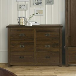 Boston 3+3 Drawer Wide Chest - Rich Dark Brown Lacquer Solid Wood Bedroom Storage with Brass Handles Brown Brown 1