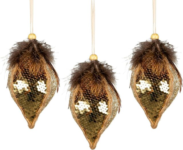 3Pcs Gold Sequin Teardrop Bauble 14cm - Christmas Tree Hanging Decoration Fairy Tale Themed