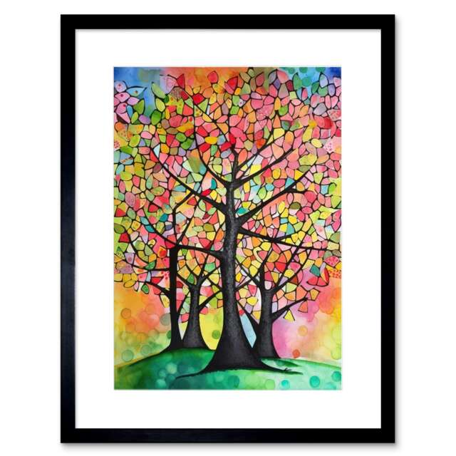 "Vibrant Blossoming Trees Spring Folk Art Watercolour 9x7"" Black Framed Wall Art Print"