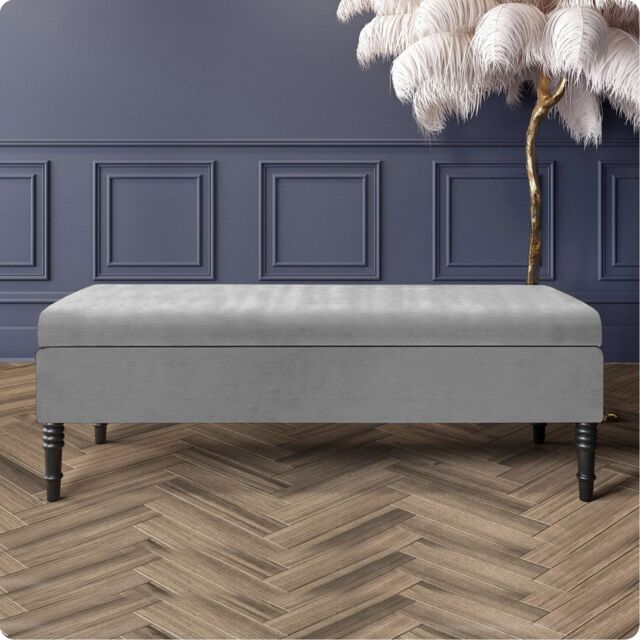 90cm Safar Plain Ottoman Storage Bench - Naples Shoes Bench with Black Turned Wooden Legs - Grey Upholstery Footstool Storage
