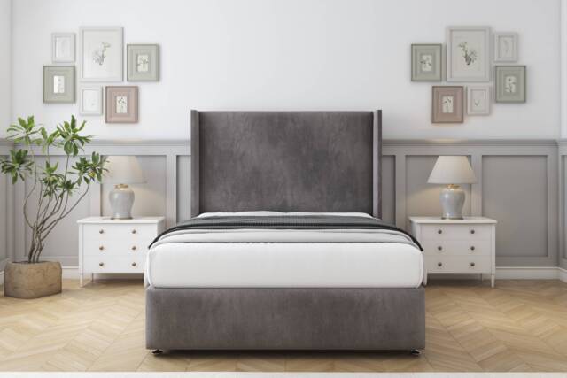"Sloomy Stratford Slate Naples Divan Bed With Mattress No Drawers With 54"" Wingback Headboard & 12"" Matching Footboard 5' King Grey Slate King 1"