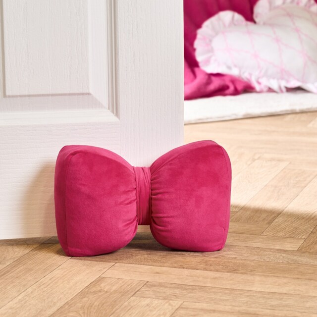OHS Bow Shaped Weighted Matte Velvet Decorative Door Stop Pink Hot Pink 17 x 24 x 5 cm