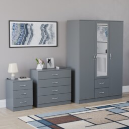 Vida Designs Riano 3 Piece Bedroom Set (3 Drawer Bedside Chest, 4 Drawer Chest, 3 Door 2 Drawer Mirrored Wardrobe) - Grey