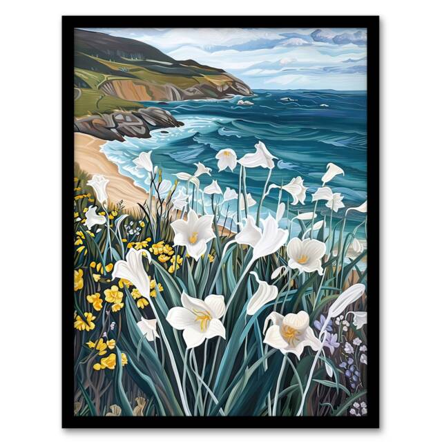 Aberdaron Coastal Wales Daffodils Hills Black Framed Wall Art Print A4