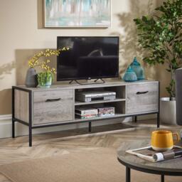 TV Unit Media Stand Storage Cabinet Modern Oak Finish Cupboard and Shelf Storage Grey