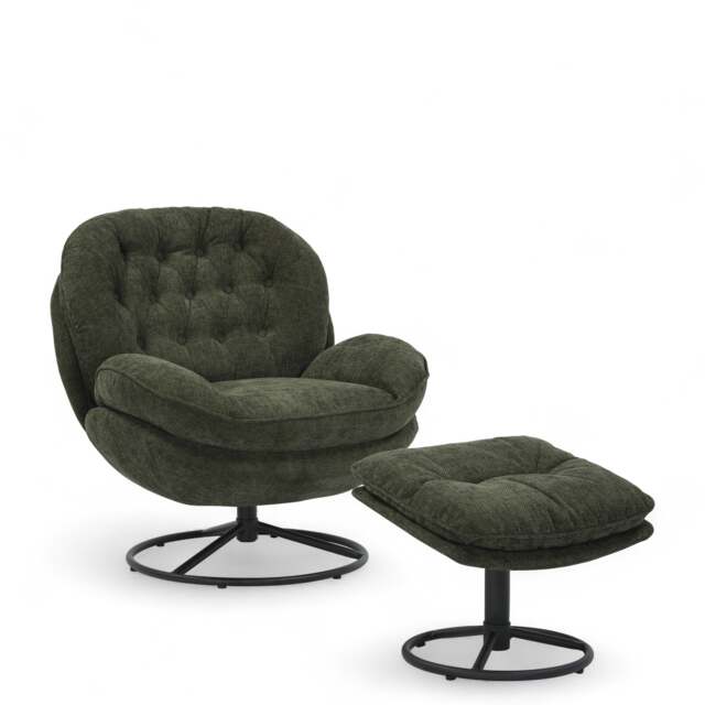 Green Chenille Fabric Azura Swivel Accent Chair with Footstool