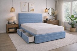 Divan Bed Set Headboard and Footboard with Mattress 6ft Superking Ice Blue Suede Storage 2 Drawers Left Side Laying in Bed
