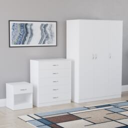 Vida Designs Riano 3 Piece Bedroom Set (1 Drawer Bedside Chest, 5 Drawer Chest, 3 Door Wardrobe) - White