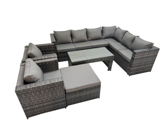 Fimous Outdoor Rattan Oblong Coffee Table Corner Sofa Sets Garden Furniture Set with 2 Chairs Big Stool Dark Grey Mixed