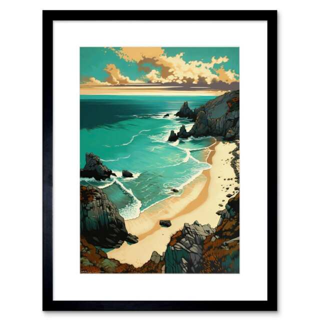 "Porthcurno Sandy Beach Cliffs Coastal Landscape 9x7"" Black Framed Wall Art Print"