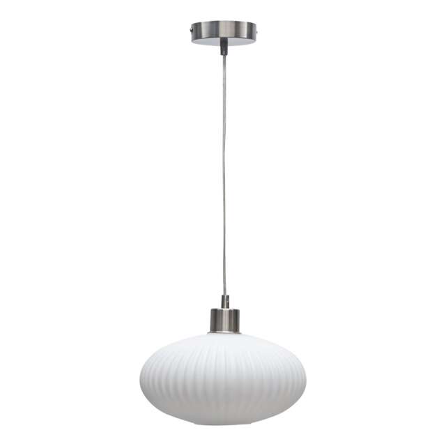 Baton - White Ribbed Oval Glass with Satin Nickel Pendant Fitting White White 1