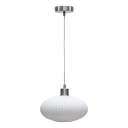 Baton - White Ribbed Oval Glass with Satin Nickel Pendant Fitting White White 1