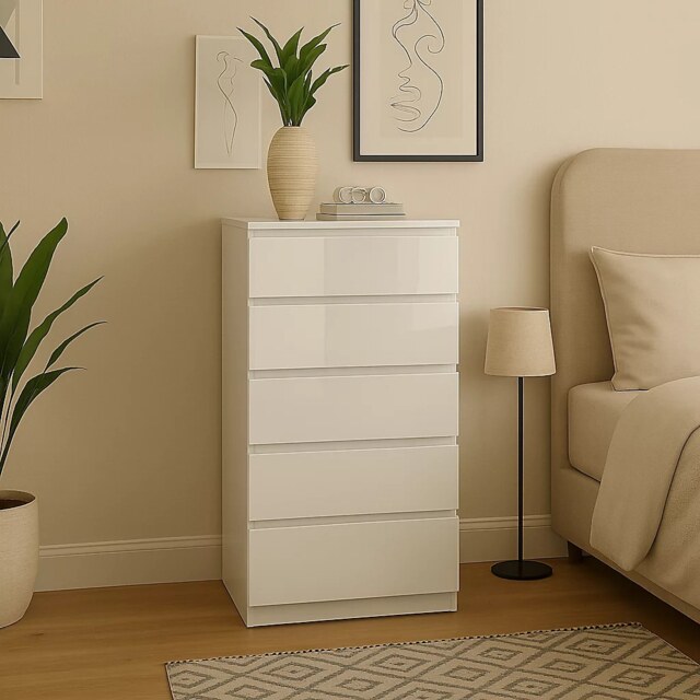 Fairfield Minimalist Large and Tall Chest of Drawers 5 Draw In Gloss White White White 1