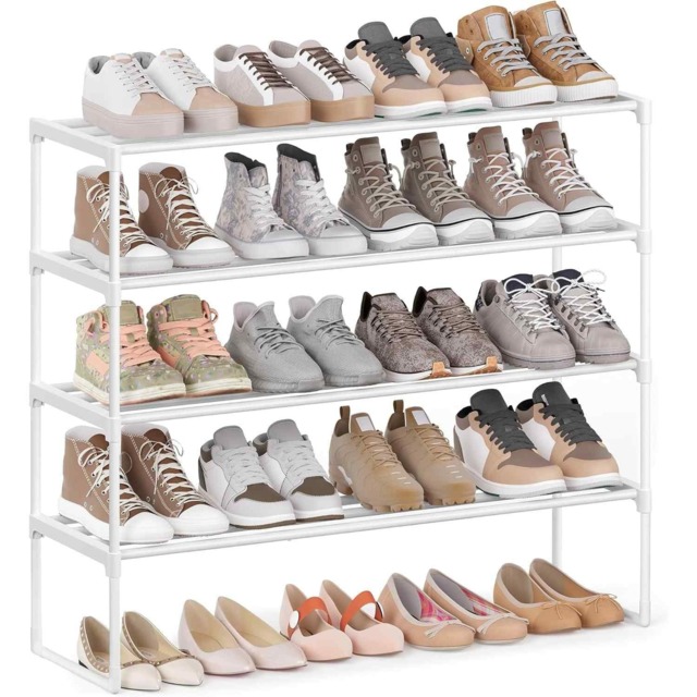 Wide 4 Tier Stackable Shoe Rack, Reversible Metal Shoe Storage Organiser, Pearl White