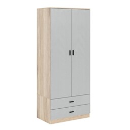 2-Door 2-Drawer Wardrobe with Storage Shelf, and Hanging Space - 180x75x46cm Brown Oak & Grey 1