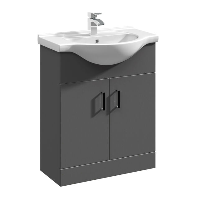 Balterley Modern Floor Standing Bathroom 2 Door Vanity and Round Basin Unit - Soft Close Doors Grey Satin Dark Grey