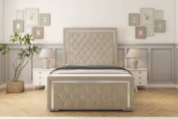 "Sloomy Sofia Chrome Cream Plush Bed Frame With 50"" Upholstered Headboard 4' Small Double"