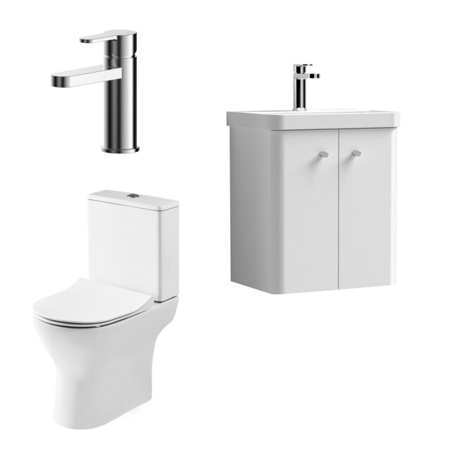 Balterley Contemporary Wall Hung 2 Door Bathroom Vanity Unit, Basin, Tap & Toilet Pack White Satin White 540 x 479 x 342mm