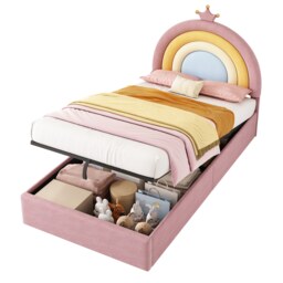 AKA Single Upholstered Hydraulic Storage Bed with Rainbow Crown Headboard Velvet Pink 3ft